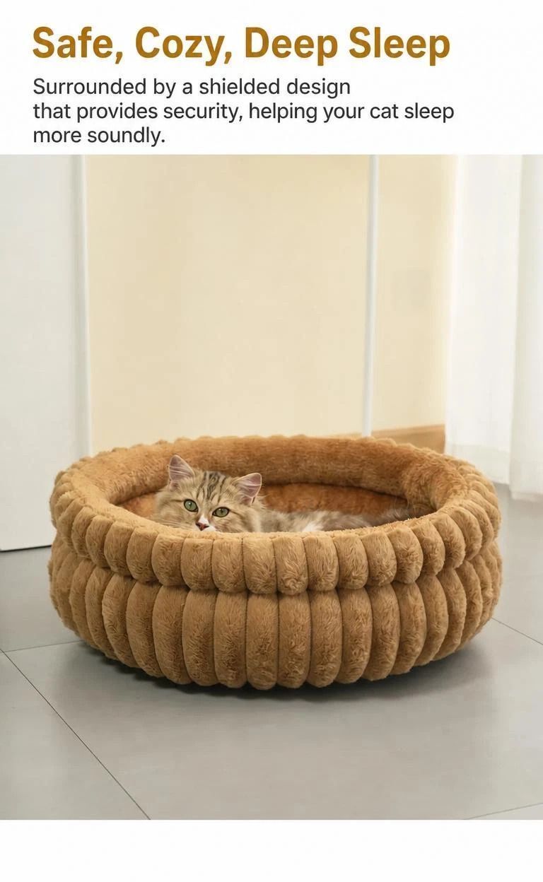 Detachable Round Pet Bed, Cozy Four Season Puppy Nest, Coffee Faux Rabbit Fur M Size - Image 2