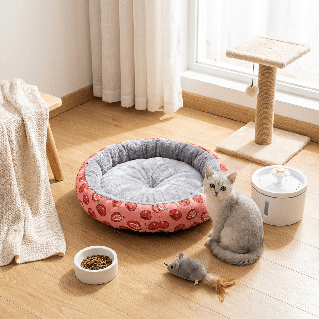 Round Pet Bed for Small Dogs and Cats, Soft Plush Calming Cat Bed with Strawberry Pattern, Cozy Washable Puppy Sleeping Mat, Non Slip Bottom Pet Cushion for Indoor Home Use(Diameter: 34cm) - Image 2
