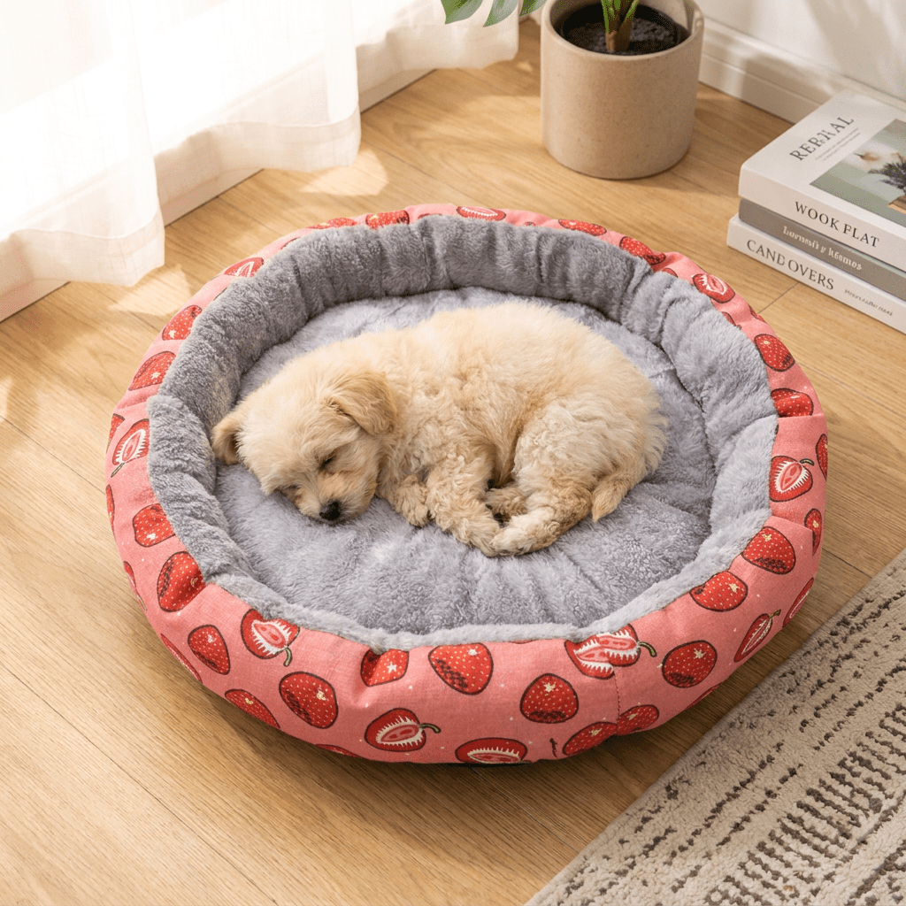 Round Pet Bed for Small Dogs and Cats, Soft Plush Calming Cat Bed with Strawberry Pattern, Cozy Washable Puppy Sleeping Mat, Non Slip Bottom Pet Cushion for Indoor Home Use(Diameter: 34cm) - Image 3