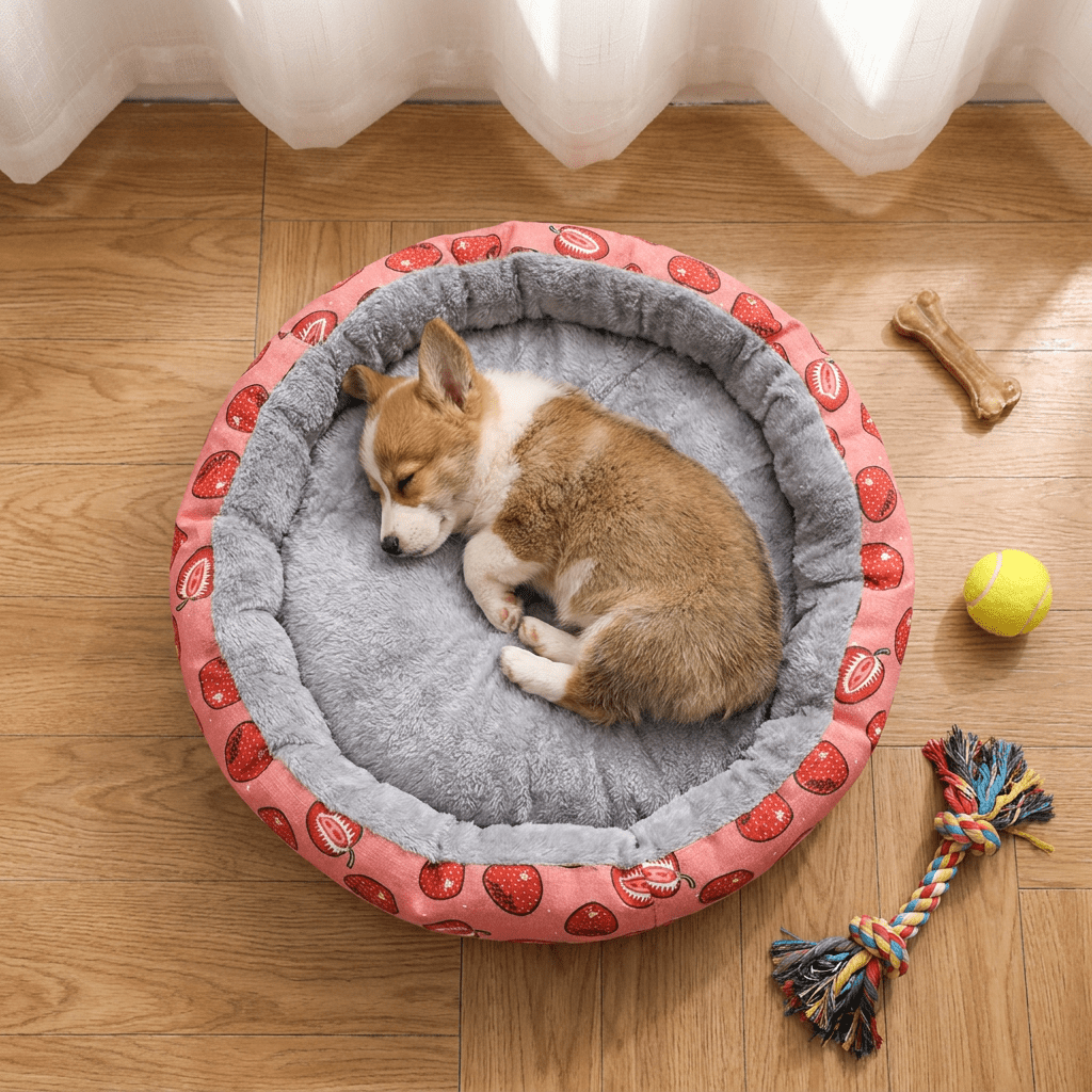 Round Pet Bed for Small Dogs and Cats, Soft Plush Calming Cat Bed with Strawberry Pattern, Cozy Washable Puppy Sleeping Mat, Non Slip Bottom Pet Cushion for Indoor Home Use(Diameter: 34cm) - Image 4
