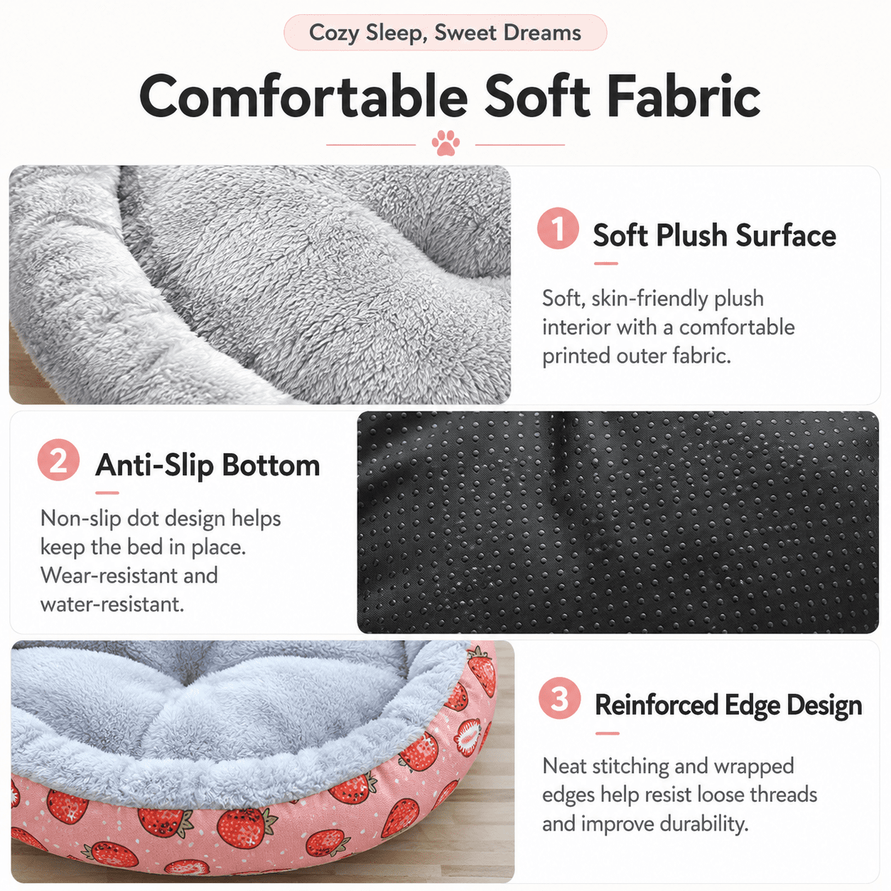 Round Pet Bed for Small Dogs and Cats, Soft Plush Calming Cat Bed with Strawberry Pattern, Cozy Washable Puppy Sleeping Mat, Non Slip Bottom Pet Cushion for Indoor Home Use(Diameter: 34cm) - Image 5