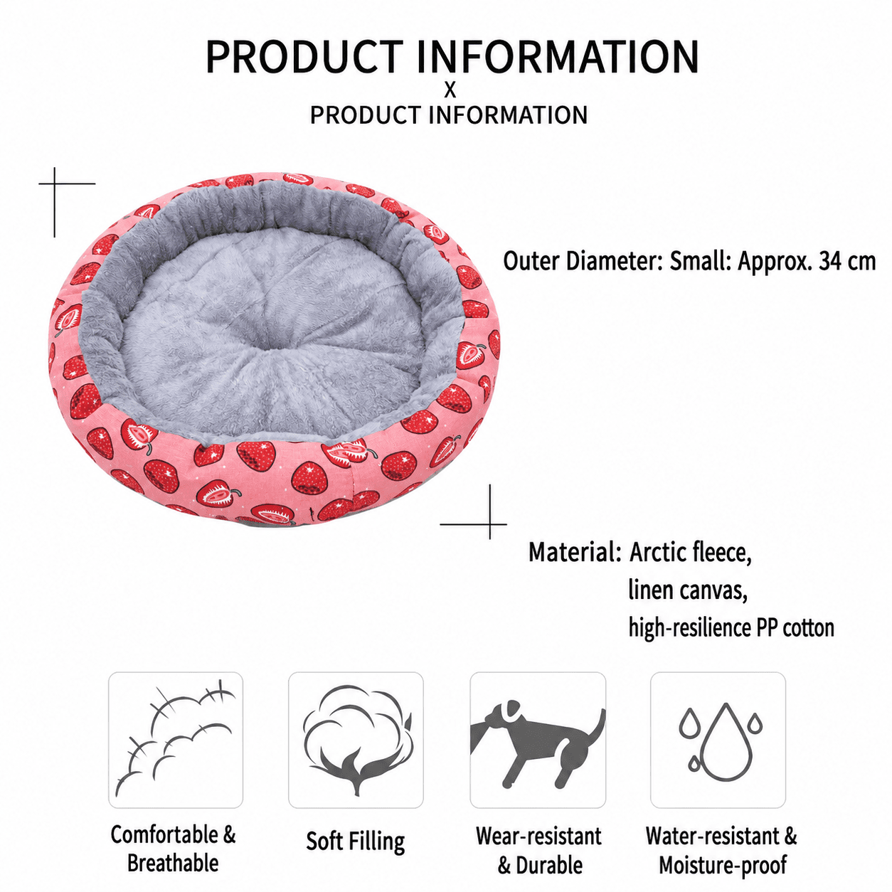 Round Pet Bed for Small Dogs and Cats, Soft Plush Calming Cat Bed with Strawberry Pattern, Cozy Washable Puppy Sleeping Mat, Non Slip Bottom Pet Cushion for Indoor Home Use(Diameter: 34cm) - Image 7