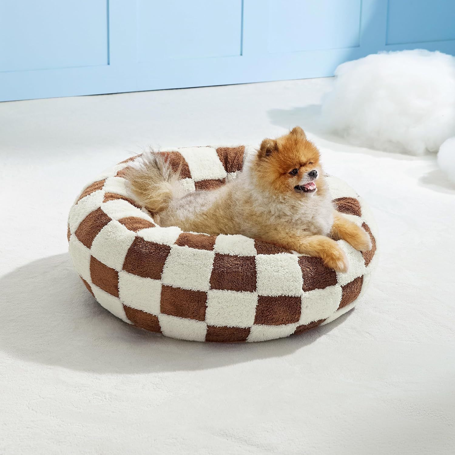Small Medium Pet Donut Bed (Coffee plaid)-40cm outer diameter, Soft Plush Round Dog Bed and Cat Bed with Raised Rim, Cozy Calming Pet Sleeping Cushion, Checkered Washable Puppy Bed for Indoor Small Dogs Cats and Kittens - Image 4