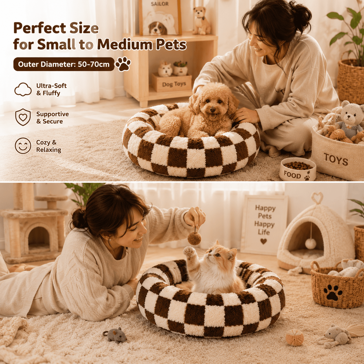 Small Medium Pet Donut Bed (Coffee plaid)-60cm outer diameter, Soft Plush Round Dog Bed and Cat Bed with Raised Rim, Cozy Calming Pet Sleeping Cushion, Checkered Washable Puppy Bed for Indoor Small Dogs Cats and Kittens - Image 2