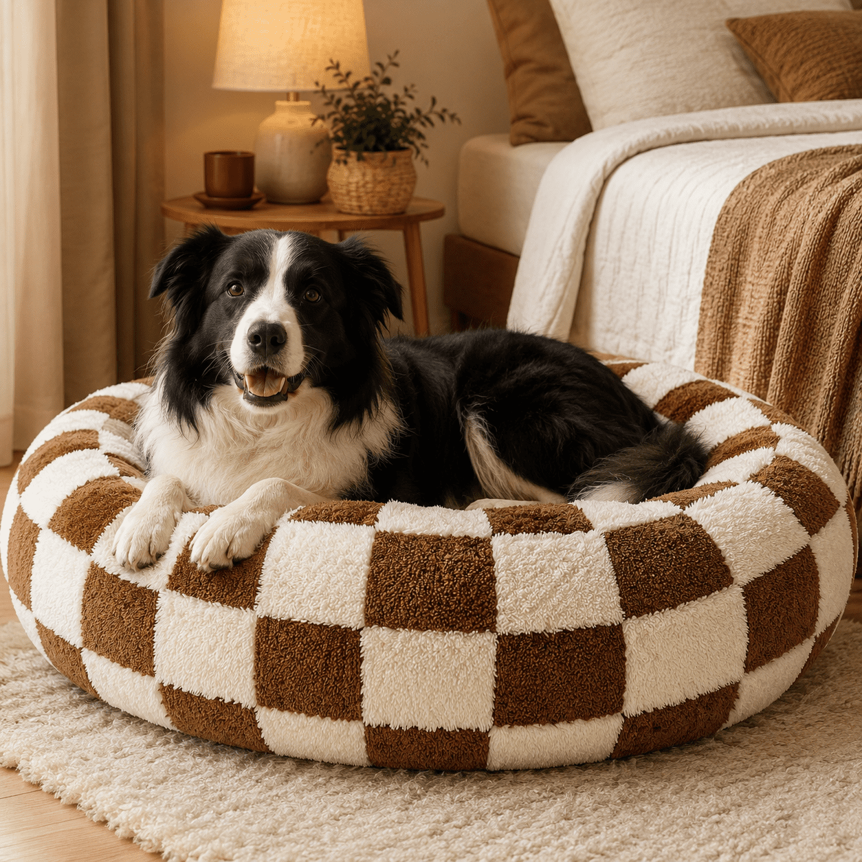 Small Medium Pet Donut Bed (Coffee plaid)-60cm outer diameter, Soft Plush Round Dog Bed and Cat Bed with Raised Rim, Cozy Calming Pet Sleeping Cushion, Checkered Washable Puppy Bed for Indoor Small Dogs Cats and Kittens - Image 5