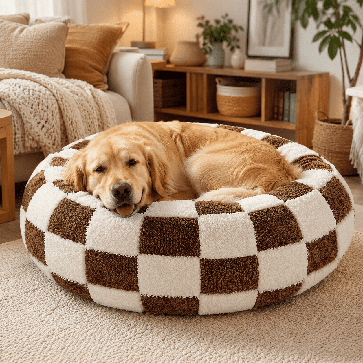 Medium Large Pet Donut Bed (Coffee plaid)-90cm outer diameter, Soft Plush Round Dog Bed and Cat Bed with Raised Rim, Cozy Calming Pet Sleeping Cushion, Checkered Washable Dog Bed for Medium Large Dogs and Cats - Image 4